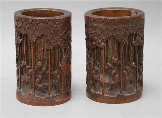 A pair of 19th century Chinese bamboo brush pots, Seven Sages of the bamboo grove
